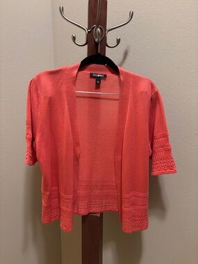 Rafaella Coral Open-Front Short Sleeve Cardigan with Crochet Trim